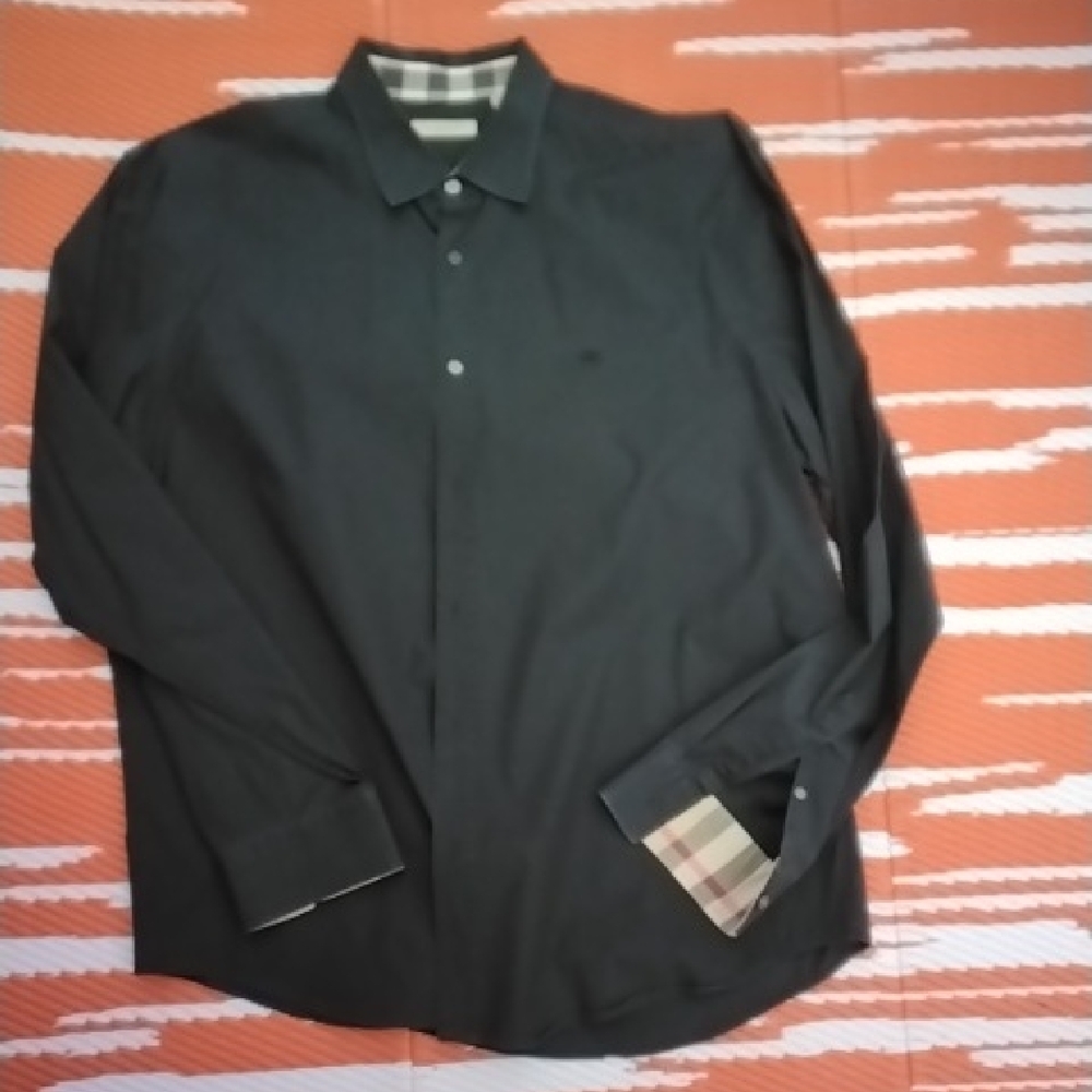 Burberry Black Long Sleeve Button Down Shirt with Check Trim